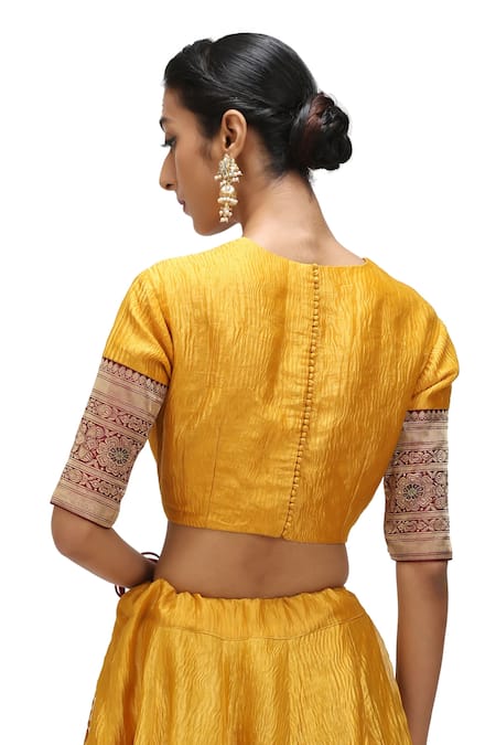 Buy Mimamsaa Yellow Crepe Embroidery Nimrit Bloom Border Woven Crushed Tissue Lehenga Set Online at Aza Fashions Buy_Mimamsaa_Yellow Crepe Embroidery Nimrit Bloom Border Woven Crushed Tissue Lehenga Set _Online_at_Aza_Fashions