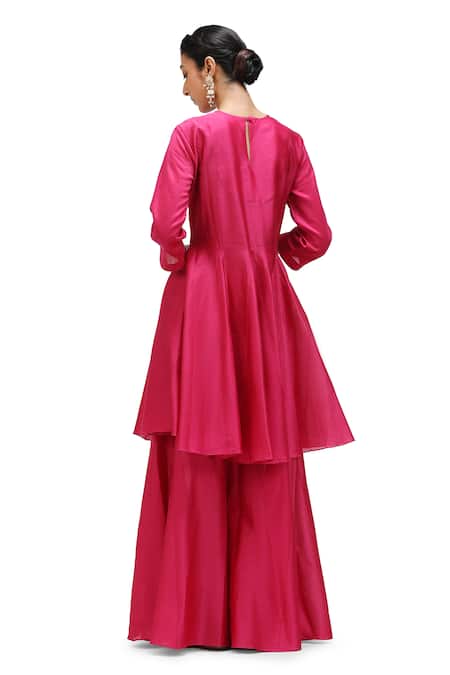 Mimamsaa_Fuchsia Cotton Silk Solid Round Kashvi Short Anarkali With Gharara _Online_at_Aza_Fashions