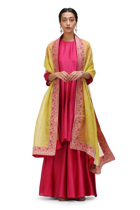 Shop_Mimamsaa_Fuchsia Cotton Silk Solid Round Kashvi Short Anarkali With Gharara _Online_at_Aza_Fashions