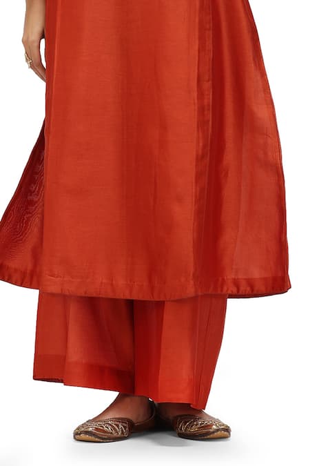 Buy_Mimamsaa_Orange Cotton Silk Solid Round Kusum Side Panel Kurta With Pant _Online_at_Aza_Fashions