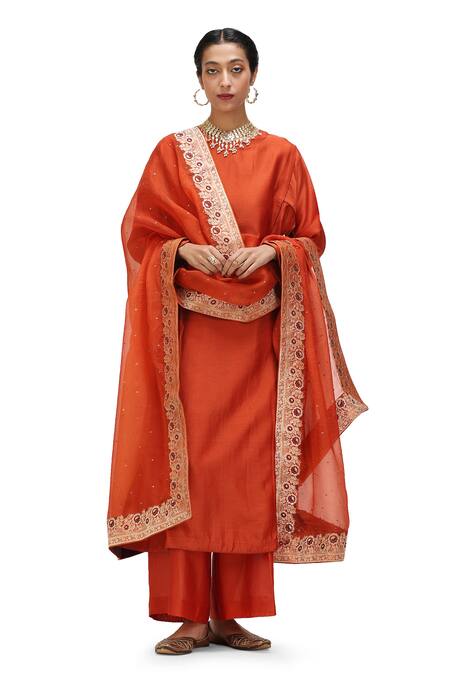 Shop_Mimamsaa_Orange Cotton Silk Solid Round Kusum Side Panel Kurta With Pant _Online_at_Aza_Fashions