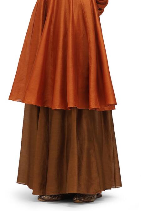 Buy_Mimamsaa_Orange Cotton, Silk Round Deepika Plain Panelled Short Anarkali With Flared Pant _Online_at_Aza_Fashions