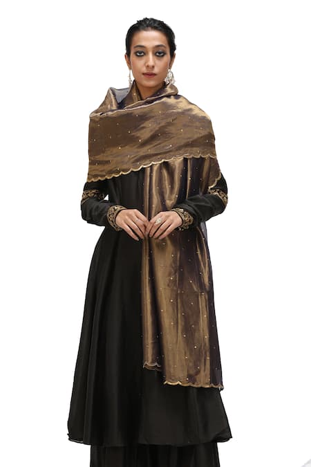 Mimamsaa_Black Cotton, Silk Sequins, Maryam Placed Embroidered Anarkali With Flared Pant _Online_at_Aza_Fashions