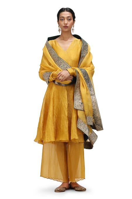 Mimamsaa Yellow Tissue Silk Textured Sequin Saesha Short Anarkali With Scallop Hem Pant 