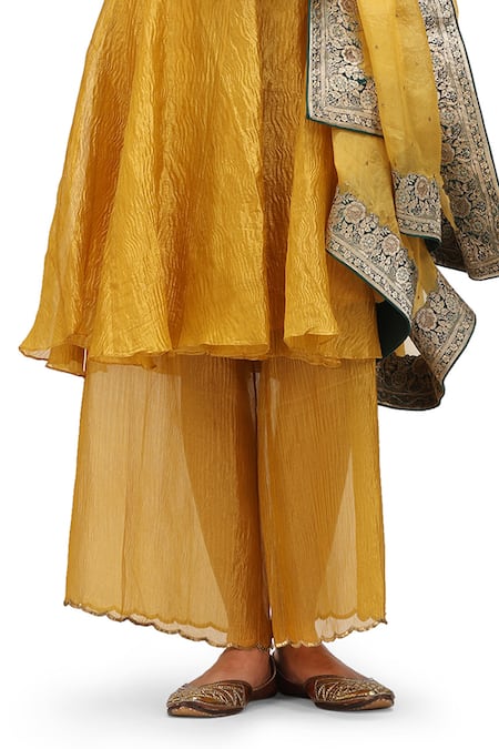 Buy_Mimamsaa_Yellow Tissue, Silk Sequins Saesha Textured Short Anarkali With Scallop Hem Pant _Online_at_Aza_Fashions