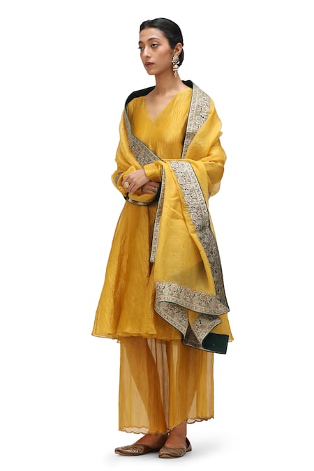 Shop_Mimamsaa_Yellow Tissue, Silk Sequins Saesha Textured Short Anarkali With Scallop Hem Pant _Online_at_Aza_Fashions