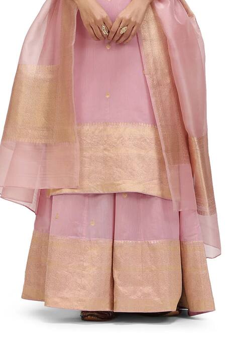 Buy_Mimamsaa_Pink Cotton, Silk V-neck Maya Woven Kurta Flared Pant Set _Online_at_Aza_Fashions