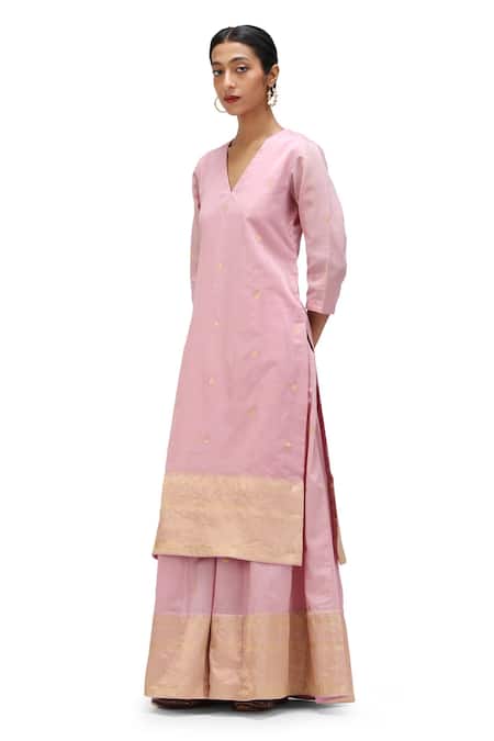 Shop_Mimamsaa_Pink Cotton, Silk V-neck Maya Woven Kurta Flared Pant Set _Online_at_Aza_Fashions