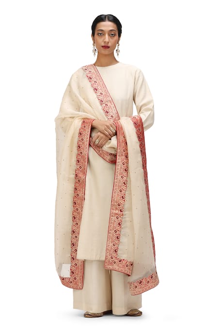 Mimamsaa Ivory Organza Silk Woven Floral Applique Deepa Border Embellished Dupatta 