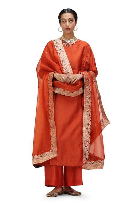 Mimamsaa Orange Organza Silk Woven Floral Applique Mili Embellished Border Dupatta 