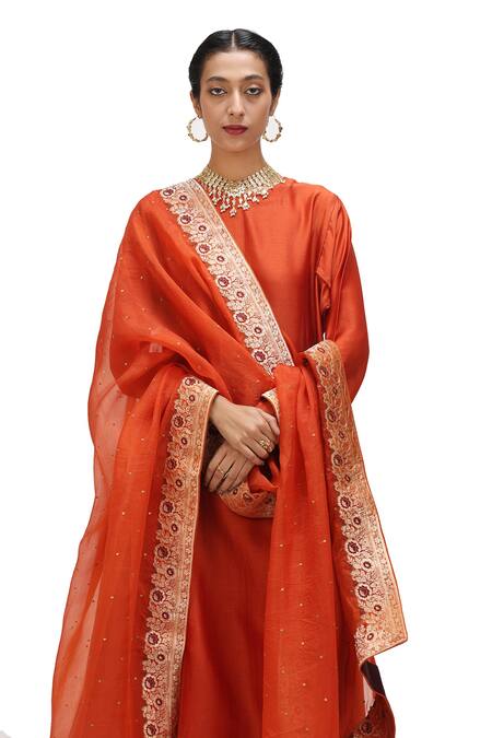 Shop_Mimamsaa_Orange Organza Silk Woven Floral Applique Mili Embellished Border Dupatta _Online_at_Aza_Fashions