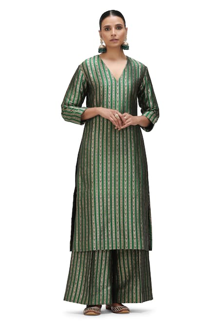 Mimamsaa Green Brocade Silk Embroidered Patti V Neck Anokhi Work Kurta And Pant Set 