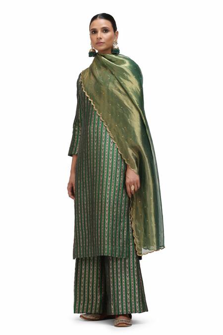 Buy_Mimamsaa_Green Brocade, Silk Piping, Embroidery V-neck Anokhi Patti Work Kurta And Pant Set _Online_at_Aza_Fashions