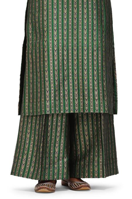 Shop_Mimamsaa_Green Brocade, Silk Piping, Embroidery V-neck Anokhi Patti Work Kurta And Pant Set _Online_at_Aza_Fashions