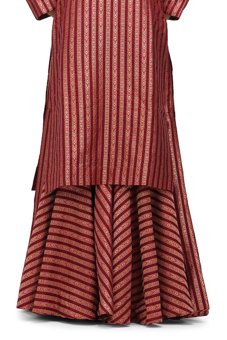 Shop_Mimamsaa_Red Brocade, Silk Piping V-neck Dilpreet Patti Work Kurta And Gharara Set _Online_at_Aza_Fashions