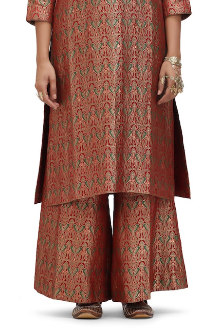 Shop Mimamsaa Red Brocade, Silk Embroidery Round Neck Zara Kurta And Flared Pant Set Online at Aza Fashions Shop_Mimamsaa_Red Brocade, Silk Embroidery Round Neck Zara Kurta And Flared Pant Set _Online_at_Aza_Fashions