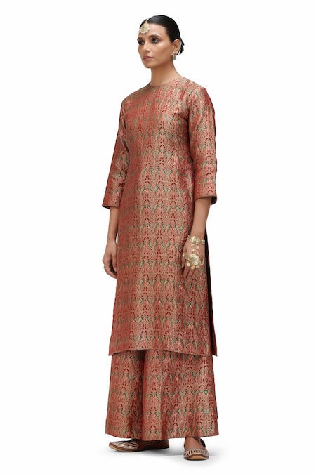 Mimamsaa_Red Brocade, Silk Embroidery Round Neck Zara Kurta And Flared Pant Set _at_Aza_Fashions