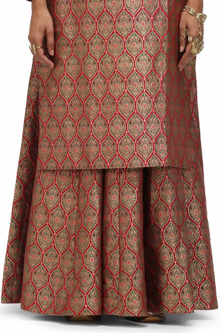 Buy Mimamsaa Red Brocade, Silk Embroidery Ziba Inverted Bird Motif Kurta And Flared Pant Set Online at Aza Fashions Buy_Mimamsaa_Red Brocade, Silk Embroidery Ziba Inverted Bird Motif Kurta And Flared Pant Set _Online_at_Aza_Fashions