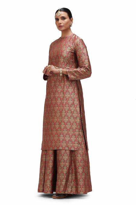 Shop_Mimamsaa_Red Brocade, Silk Embroidery Ziba Inverted Bird Motif Kurta And Flared Pant Set _Online_at_Aza_Fashions