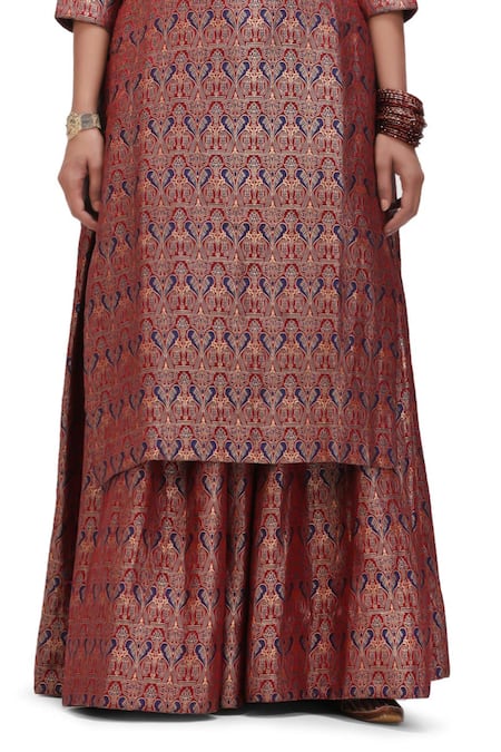 Buy Mimamsaa Red Brocade, Silk Embroidery Round Neck Sannvi Handwoven Kurta And Flared Pant Set Online at Aza Fashions Buy_Mimamsaa_Red Brocade, Silk Embroidery Round Neck Sannvi Handwoven Kurta And Flared Pant Set _Online_at_Aza_Fashions