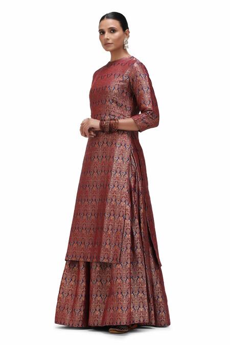 Shop_Mimamsaa_Red Brocade, Silk Embroidery Round Neck Sannvi Handwoven Kurta And Flared Pant Set _Online_at_Aza_Fashions
