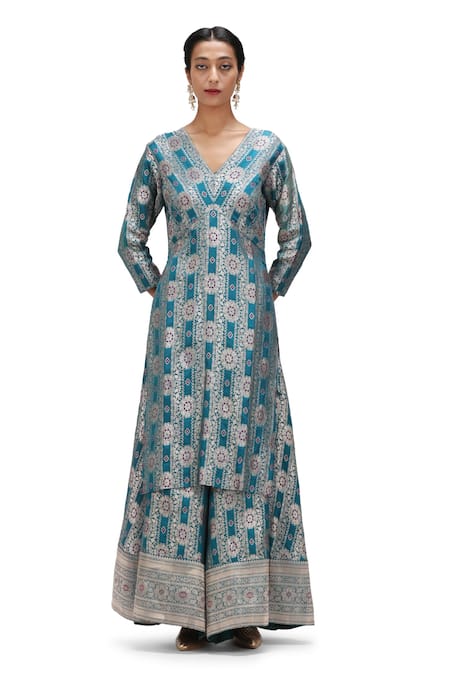 Mimamsaa Blue Brocade Silk V Neck Vira A-line Floral Motif Kurta And Pant Set 