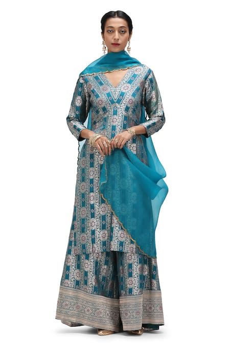 Mimamsaa_Blue Brocade, Silk Embroidery V-neck Vira A-line Floral Motif Kurta And Pant Set _Online_at_Aza_Fashions
