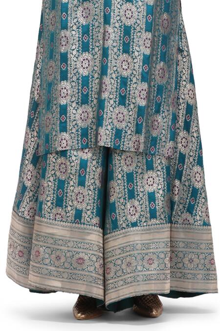 Buy Mimamsaa Blue Brocade, Silk Embroidery V-neck Vira A-line Floral Motif Kurta And Pant Set Online at Aza Fashions Buy_Mimamsaa_Blue Brocade, Silk Embroidery V-neck Vira A-line Floral Motif Kurta And Pant Set _Online_at_Aza_Fashions