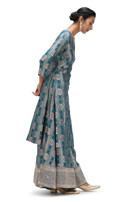 Shop_Mimamsaa_Blue Brocade, Silk Embroidery V-neck Vira A-line Floral Motif Kurta And Pant Set _Online_at_Aza_Fashions