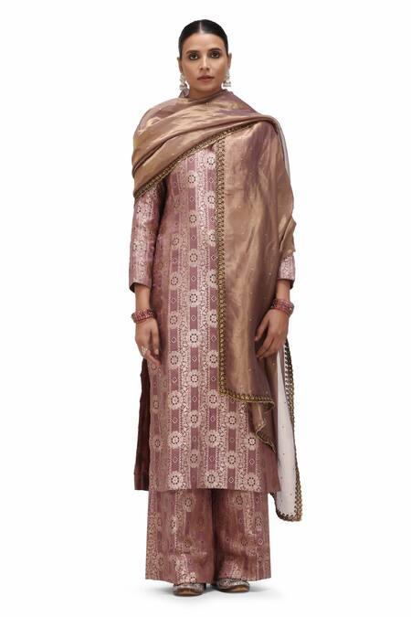 Buy_Mimamsaa_Purple Brocade, Silk Sharmila Handwoven Floral Motif Kurta And Flared Pant Set _Online_at_Aza_Fashions