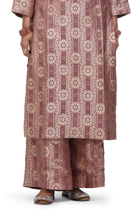 Shop_Mimamsaa_Purple Brocade, Silk Sharmila Handwoven Floral Motif Kurta And Flared Pant Set _Online_at_Aza_Fashions