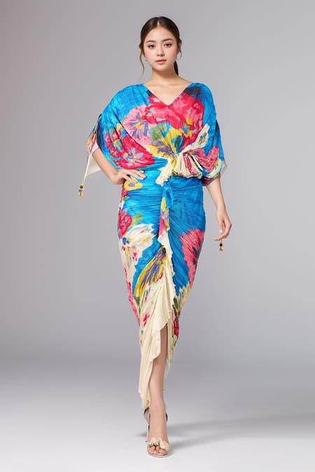 Saaksha & Kinni Abstract Floral Print Draped Pleated Dress 