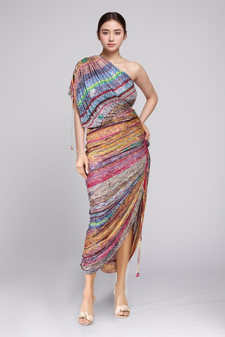 Saaksha & Kinni Multi Color Printed Abstract Florals One Shoulder Draped Dress 