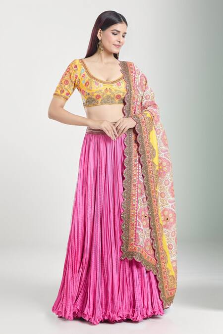 Buy Debyani + CO Pink , Organza Zari, Embroidery, Sequins Crushed Lehenga Blouse Set Buy_Debyani + CO_Pink , Organza Zari, Embroidery, Sequins Crushed Lehenga Blouse Set