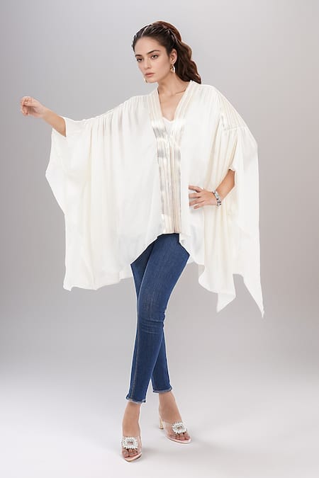 Shop_Amit Aggarwal_White Embroidery V-neck Metallic Embellished Kaftan Top _Online_at_Aza_Fashions