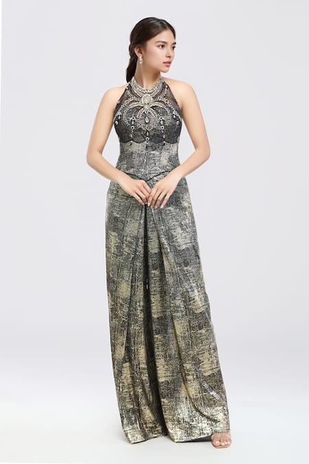 Tarun Tahiliani_Black Tulle, Jersey Crystals Collared Embellished Corset With Draped Trouser Set_Online_at_Aza_Fashions