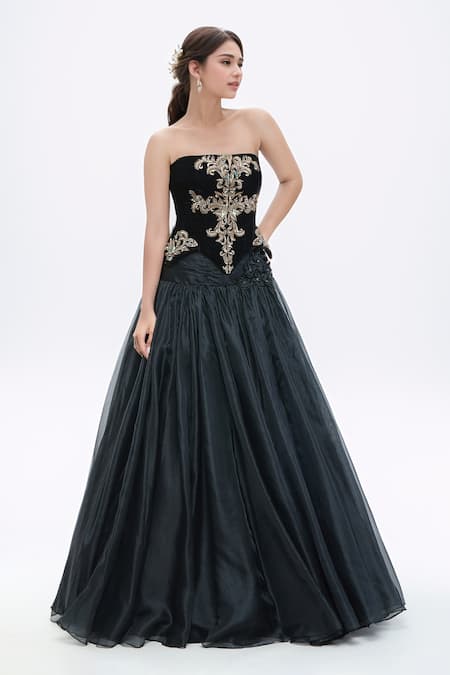 Tarun Tahiliani_Black Velvet, Satin, Organza Crystals, Embroidery Corset And Flared Skirt Set _Online_at_Aza_Fashions