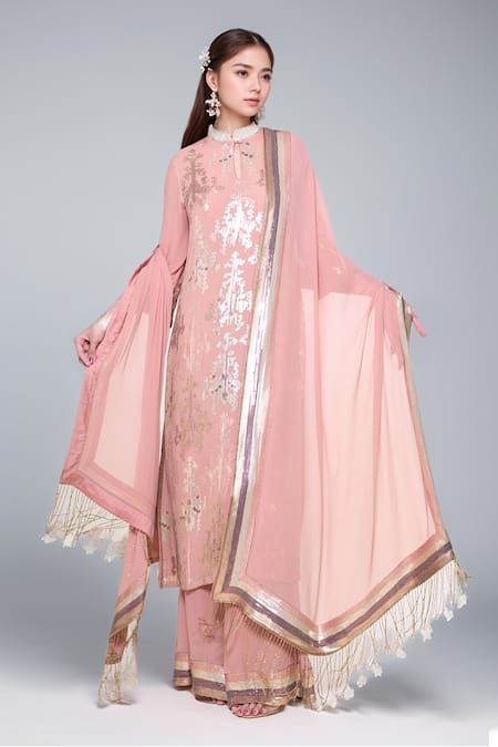 Nakul Sen Pink 100% Silk Chiffon Embellished Sequins Mandarin Kurta Farshi Palazzo Set 