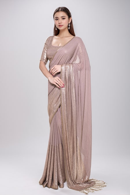 Nakul Sen Grey 100% Silk Chiffon Embroidered Cutdana Diagonal Saree With Sequin Blouse 