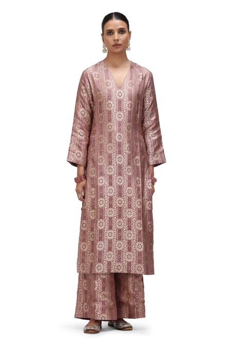 Shop_Mimamsaa_Purple Brocade, Silk Sharmila Handwoven Floral Motif Kurta And Flared Pant Set 