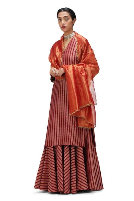 Mimamsaa_Red Tissue Silk Embroidered Sequin Amala Scallop Hem Dupatta _Online_at_Aza_Fashions