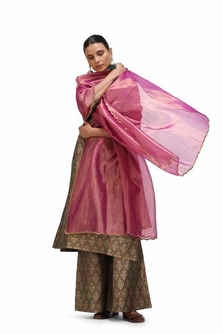 Mimamsaa_Pink Tissue Silk Embroidered Sequin Dhara Scallop Hem Dupatta _Online_at_Aza_Fashions