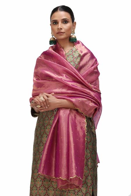 Buy_Mimamsaa_Pink Tissue Silk Embroidered Sequin Dhara Scallop Hem Dupatta _Online_at_Aza_Fashions