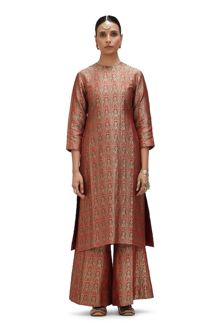 Mimamsaa Red Brocade Silk Round Zara Kurta And Flared Pant Set 