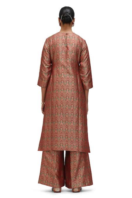 Mimamsaa_Red Brocade, Silk Embroidery Round Neck Zara Kurta And Flared Pant Set _Online_at_Aza_Fashions