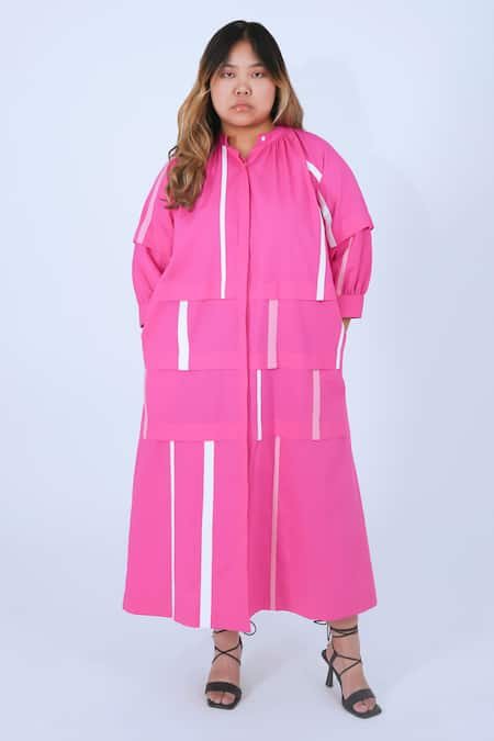 Leh Studios Pink 100% Cotton Mandarin Collar Tape Tourist Raglan Sleeve Midi Dress 