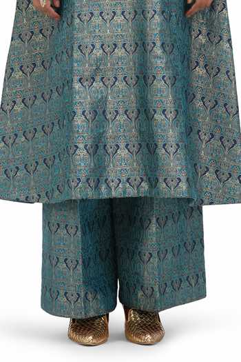 Buy_Mimamsaa_Blue Brocade, Silk Round Neck Gazala Inverted Bird Motif Kurta And Pant Set_Online_at_Aza_Fashions