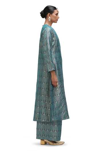 Shop_Mimamsaa_Blue Brocade, Silk Round Neck Gazala Inverted Bird Motif Kurta And Pant Set_Online_at_Aza_Fashions