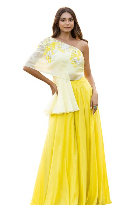 Islie By Priya Jain Yellow Summer Silk Embroidered Thread One Shoulder Draped Top With Palazzo Pant Online at Aza Fashions Islie By Priya Jain_Yellow Summer Silk Embroidered Thread One Shoulder Draped Top With Palazzo Pant _Online_at_Aza_Fashions