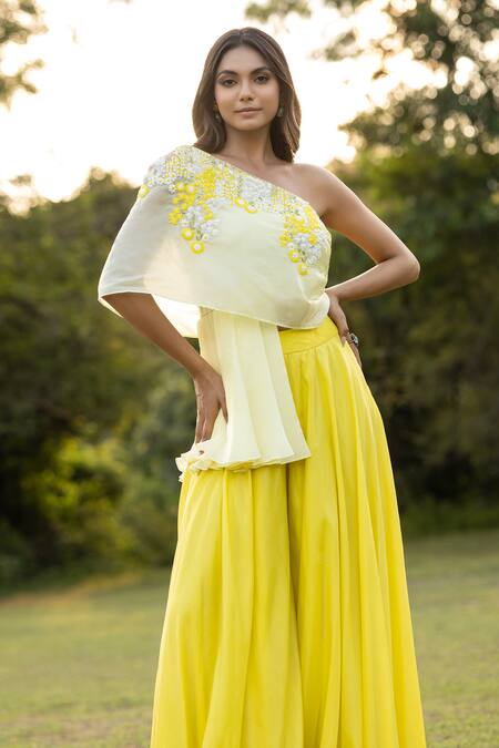 Shop Islie By Priya Jain Yellow Summer Silk Embroidered Thread One Shoulder Draped Top With Palazzo Pant at Aza Fashions Shop_Islie By Priya Jain_Yellow Summer Silk Embroidered Thread One Shoulder Draped Top With Palazzo Pant _at_Aza_Fashions